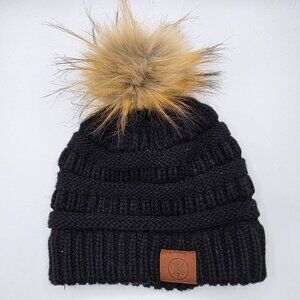 TxT Knit Pom Beanie Black Faux Fur One Size Ribbed Winter Warm Hat Casual